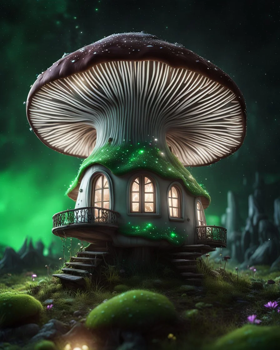 An illogically floating mushroom house on a clear night. white and white and green, Stars Dark cosmic interstellar. Detailed Matte Painting, deep color, fantastical, intricate detail, splash screen, hyperdetailed, insane depth, concept art, 8k resolution, trending on Artstation, Unreal Engine 5, color depth, backlit, splash art, dramatic, High Quality Whimsical Fun Imaginative Bubbly, perfect composition