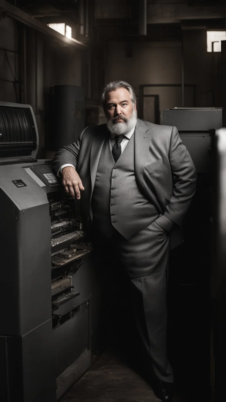 italian strong massive big chubby 50 year old man in smart gray suit, manly chest, unbuttoned shirt, short beard, shirtless, printer in an old printing house, next to a huge old printer, dim light, side light, ambient occlusion