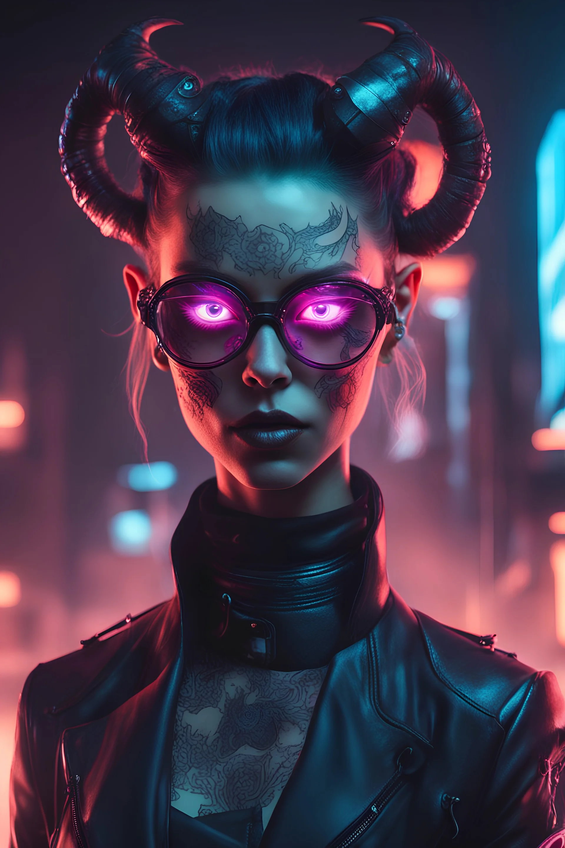 A well dressed female demon,glowing eyes,cyberpunk aesthetic, facial tattoos,glowing glasses