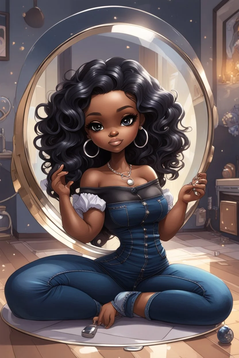 Create a futurism magna art of a black chibi curvy female sitting on the floor looking at herself in a hand mirror. She is wearing tight blue jeans and a black off the shoulder blouse. Prominent make up with lush lashes. Highly detailed long wavy hair. She is also wearing silver large hoop earringsart of a black chibi curvy female sitting on the floor looking at her cell phone. She is wearing tight blue jeans and a black off the shoulder blouse. Prominent make up with lush lashes.