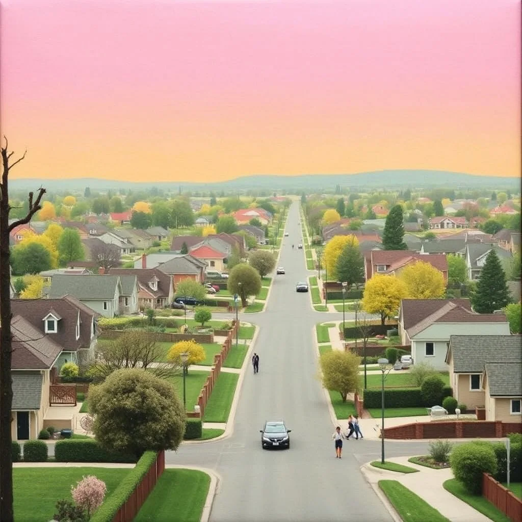 a glimpse of the suburban city, everything is, the landscape seems to be made of felt, pastel colours, some people and cars, René Magritte style, obsessive, paranormal activity