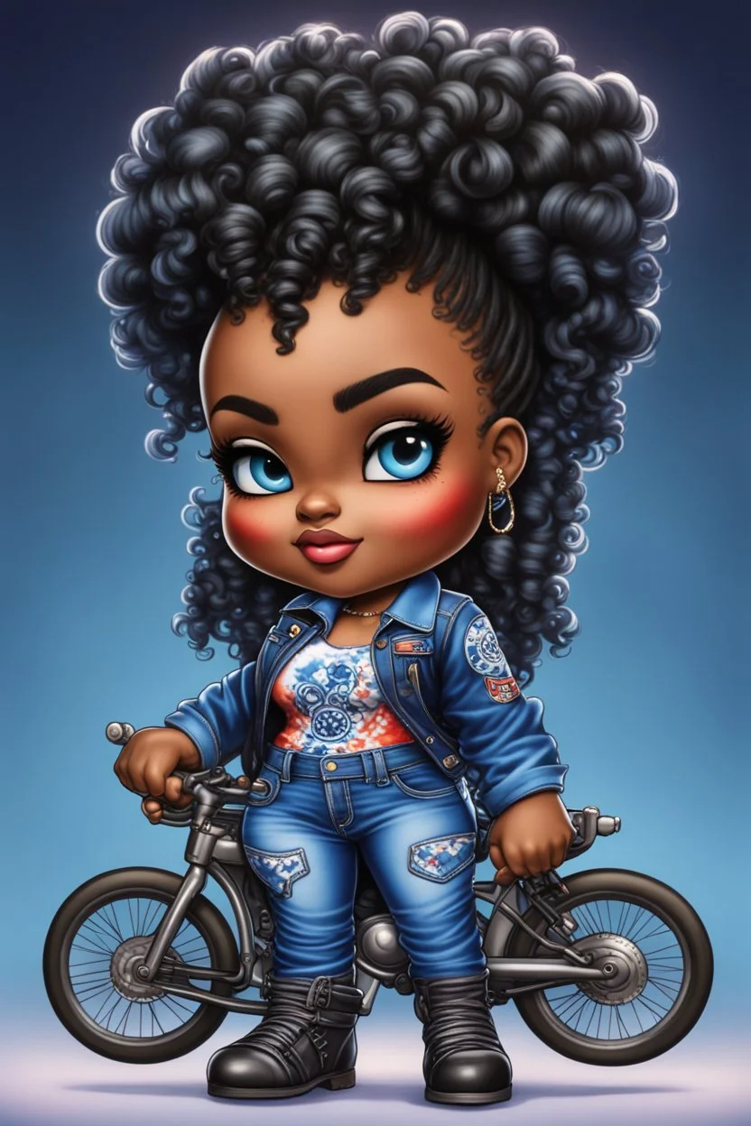 create an airbrush illustration of a chibi cartoon voluptuous black female wearing a blue jean outfit with a tie dye tshirt with biker boots. Prominent make up with hazel eyes. Extremely highly detail of a tight curly black bantu knots. Background of a bike show