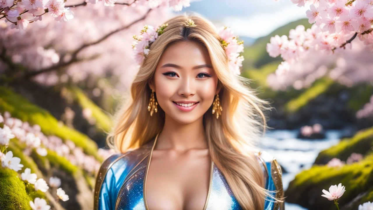 Portrait of a gorgeous smiling asian goddess with a golden taned skin, long smooth blonde hair, blue eyes, in a sci-fi outfit with luminous strikes in a hill of flowers with sakura trees, a small torrent, loads of mini flowers, moss, sun rays through the branches, particles in the air at spring