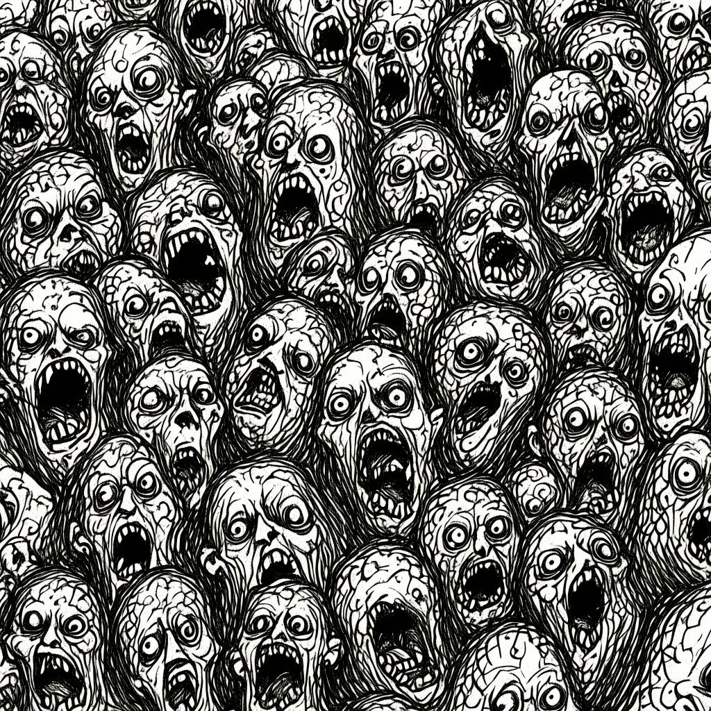 sketch line, rought, of faces on a pages, screaming and sad, demented, mad, journal