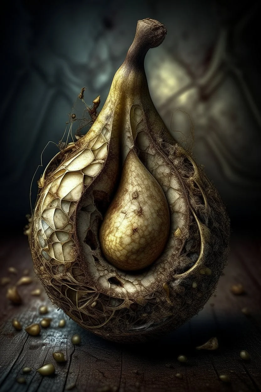 Grunge, woman as a decaying dried out Pear intricately showing its internal structure and seeds, cyberpunk, ultra unique natural textures, slight imperfections, vray.