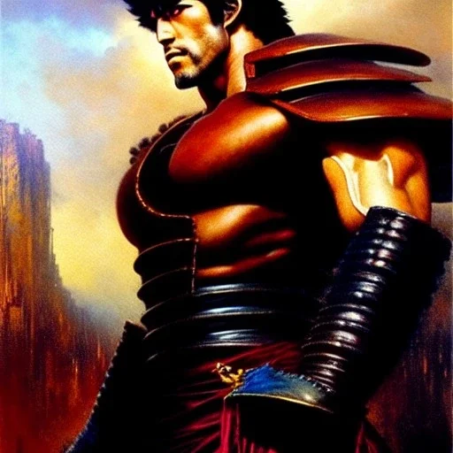 portrait of 'Kenshiro-Fist of the North Star',ancient metal armor , painting by gaston bussiere, greg rutkowski, yoji shinkawa, yoshitaka amano, tsutomu nihei, donato giancola, tim hildebrandt, oil on canvas, cinematic composition, extreme detail,fit full head inside picture,16k