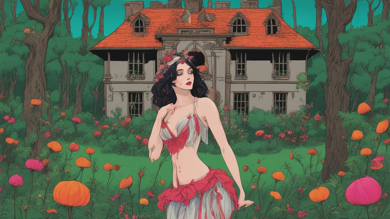 slim nymph dancing in a woodland clearing, with a gothic house behind her. vibrant colour