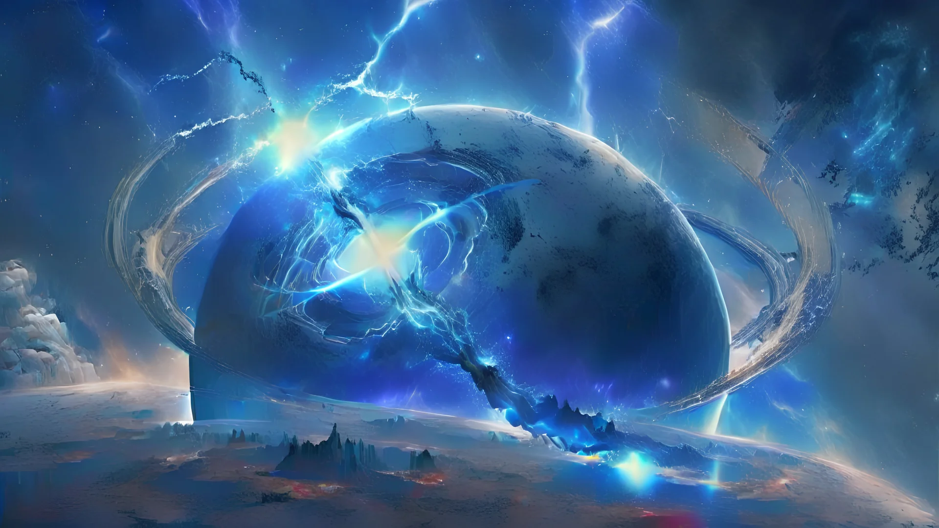 digital art image showing blue lightning and 1 planet with 1 huge ring in the background
