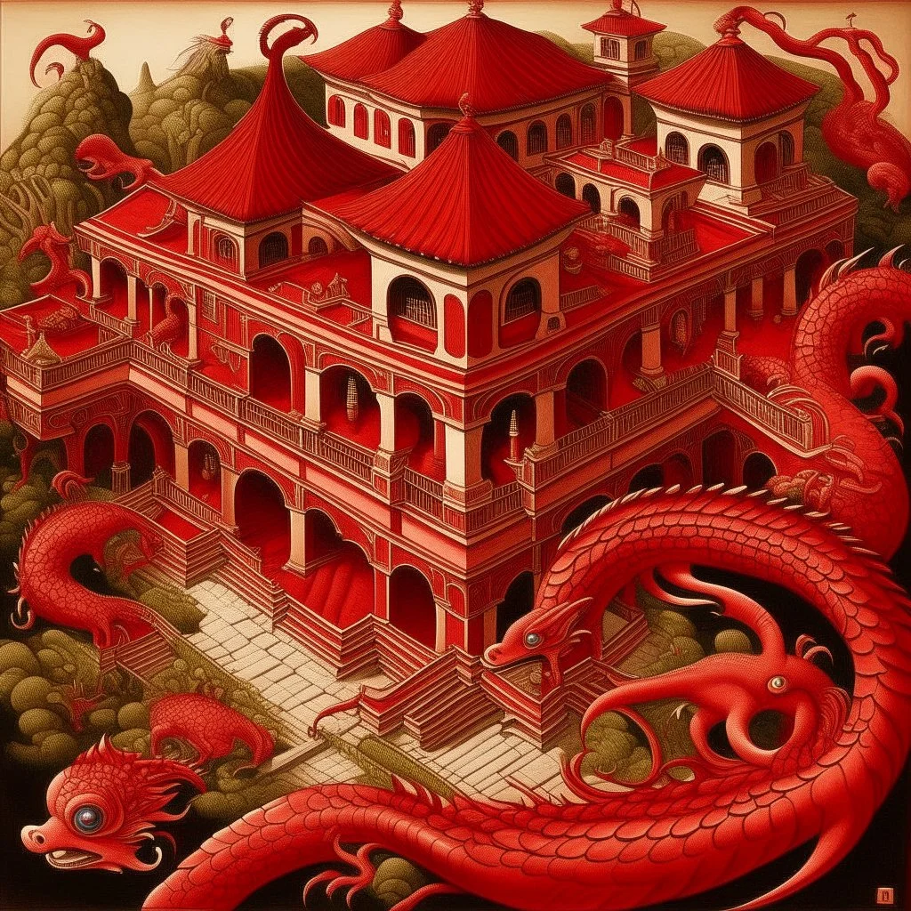 A red palace with pepper dragons painted by MC Escher