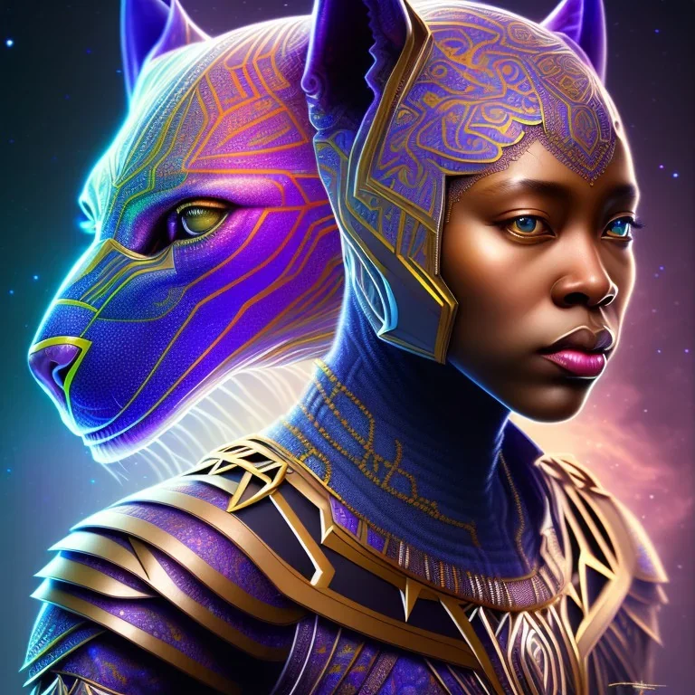 sango fantasy, fantasy magic, intricate, sharp focus, illustration, highly detailed, digital painting, concept art, matte, artgerm and paul lewin and kehinde wiley, masterpiece Asian black panther Papu New Guina pyramid purple space lady space blood moon galaxy