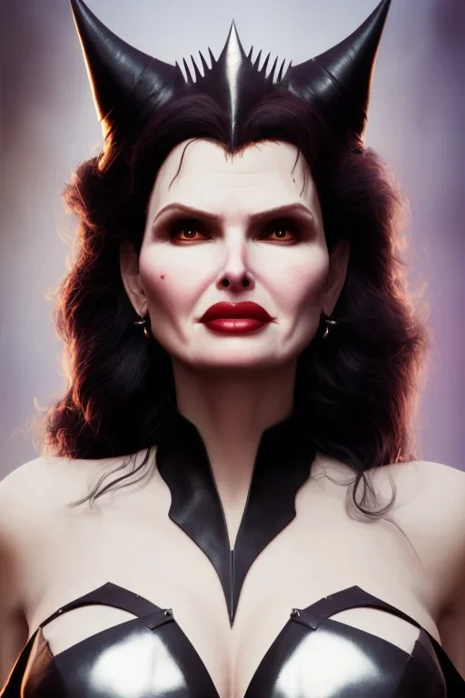 Geena Davis as evil queen in black leather, leather, busty, cleavage, angry, rage, stern look. character design by cory loftis, fenghua zhong, ryohei hase, ismail inceoglu and ruan jia. unreal engine 5, artistic lighting, highly detailed, photorealistic, fantasy