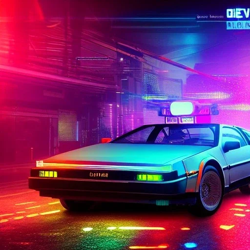 cyberpunk army DeLorean,cyberpunk 2077,center composition, ultra realistic,shiny, smooth, studio quality, octane render, Surrealism, Triadic colour scheme,glow-stick, god rays, ambient lighting,nightclub lighting, polaroid, 100mm, --ar 1:1 --v4