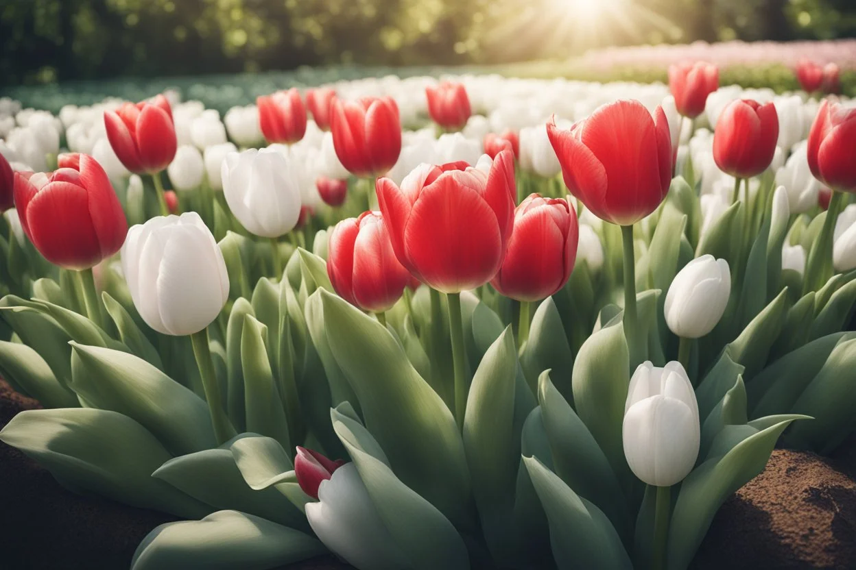 photorealistic 3 red tulips above and 2 white tulips down in flowergarden, soft lighting, sharp focus, rough edges in sunshine