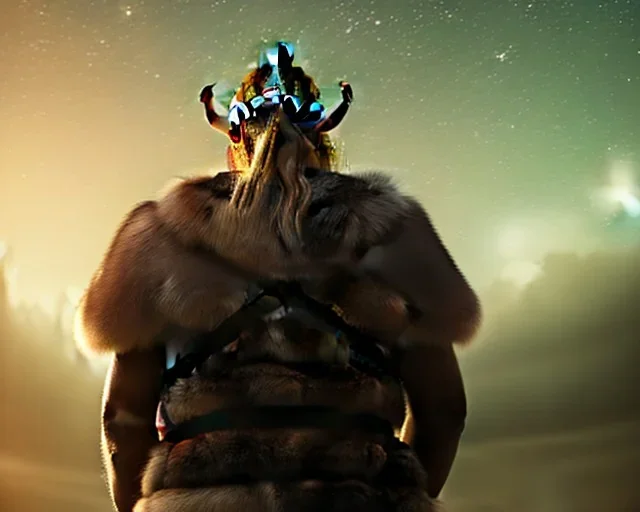 a sad and lonely viking looking up at the stars at night, hyper realistic, 8k, insane detail, atmospheric background, crying eyes, big fur coat, long braided hair, sharp focus, soft background, dynamic lighting, viking helmet, night time