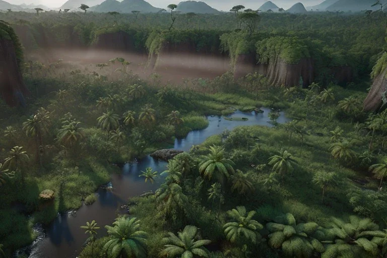 Extreme long shot, Birds Eye view, congo jungle landscape, smooth, god rays, unreal engine 5, ray tracing, RTX, lumen lighting, ultra detail, volumetric lighting