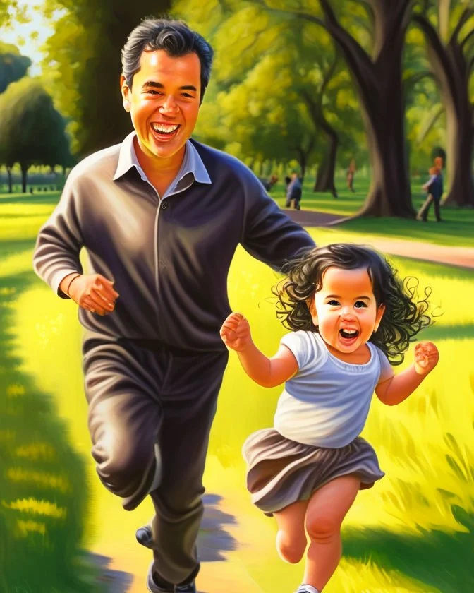 Papá alegre con su bebe jugando y corriendo en el parque felíz cuerpo completo colores complementarios obra de arte pintura al óleo impactante detallado ojos marrones pelo negro hiperrealista 8k coherente