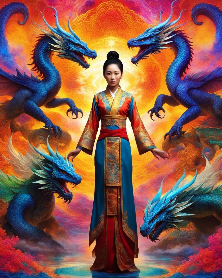 Multiple image fractals psychedelic vibrant colors featuring a woman chinese kungfu fighter character in traditional attire standing confidently with two majestic dragons flanking them, set against a vibrant and colorful backdrop that suggests an otherworldly realm. The dragons should have intricate scales and piercing eyes, and the atmosphere should be filled with a sense of magic and awe.