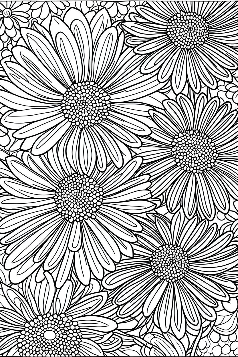 Outline art for coloring page, STEMMED DAISIES WITH A GROOVY BACKGROUND, coloring page, white background, Sketch style, only use outline, clean line art, white background, no shadows, no shading, no color, clear