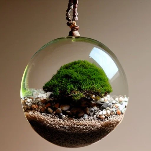 exquisite bonsai terrarium in a glass orb, petrified wood, pebbles, pastel colors, warm lighting, linen backdrop