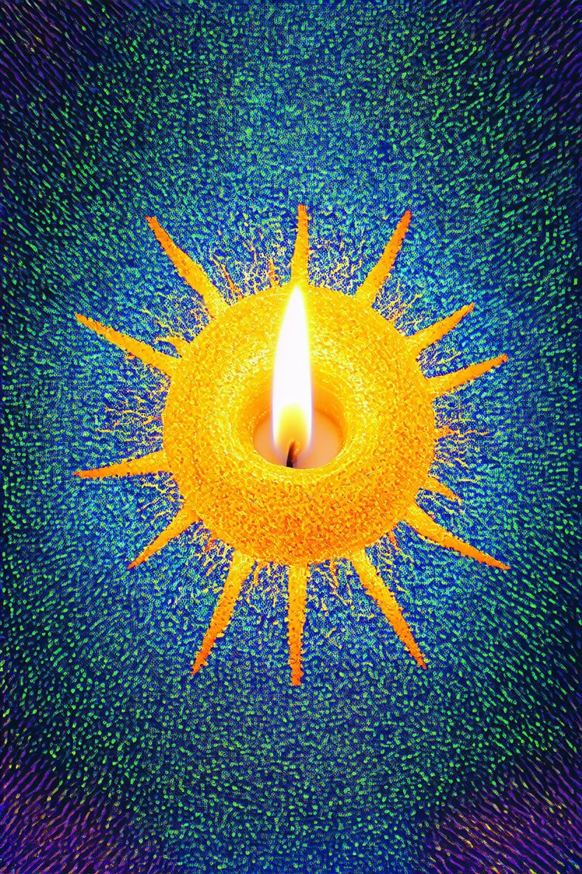 rare sun candle caused by sunlight reflecting off countless tiny, flat ice crystals in the atmosphere.; surreal artwork with colorful elements in the style of Paul Klee