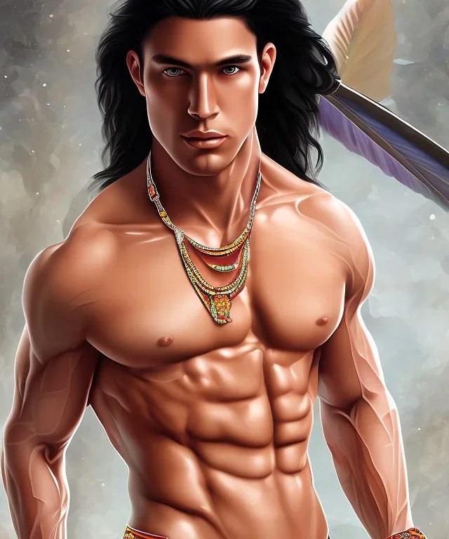 native american warrior, long black hair, big muscles, magic crystal neckless , shirtless