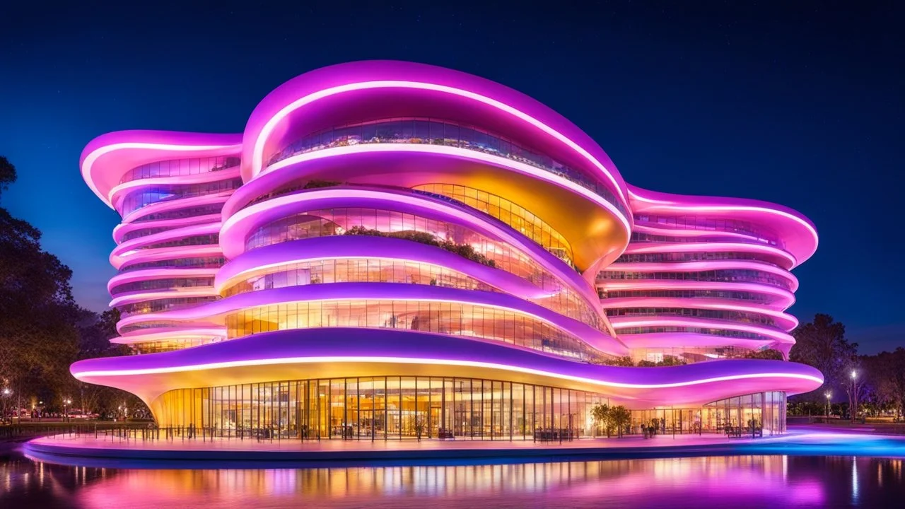 Enormous comical organic futuristic fantasy building at night, inspired by the fluidity of ocean waves: undulating, curved pink and yellow walls made of shimmering, innovative semi-transparent opalescent materials. The happy building has large, curved, intriguing rounded windows, iridescent curved balconies with big Disney sculptures. The building is surrounded by water and fountains. Snow-capped mountains on the horizon. Award-winning photograph, beautiful composition, joyful vibe, wonderful