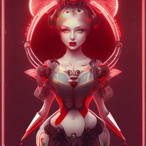 bee goddess, cute cyborg, red, black, star background