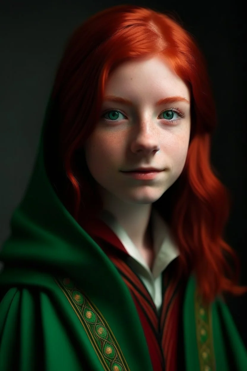 A girl with red hair and green eyes and she is wearing a Hogwarts robe