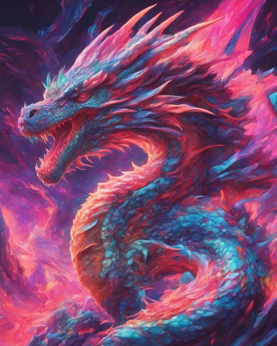 Close up shot, Dragon in a vibrant synthwave dreamscape, neon chaos swirling energetically around pixelated forms, a dynamic fusion of retro gaming nostalgia and futuristic abstraction