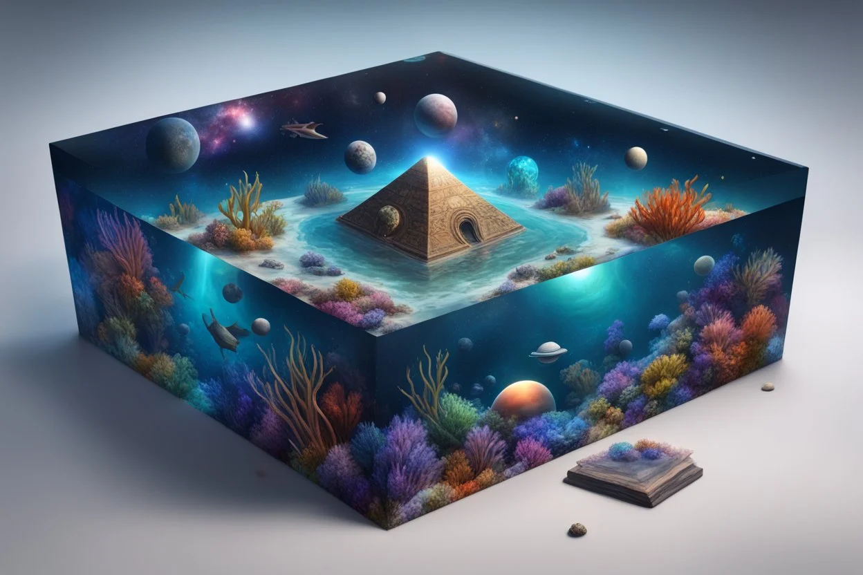 hyperrealistic, 4k, box for storing things with beautiful drawings a lot of colours, very detailed, subnautica, pyramid in the middle, sea plants, seal leviathan, few planets, space, galaxies,