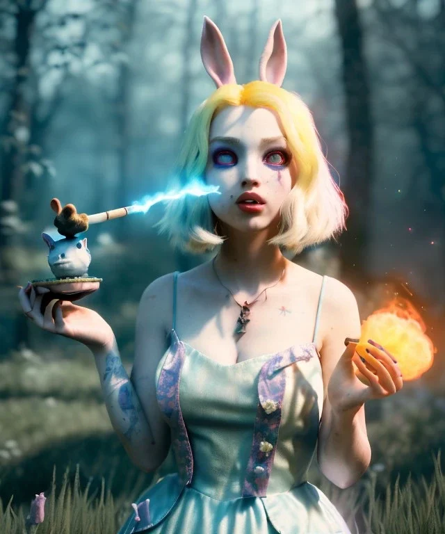 Ultra realistic wonderland photo, happy blonde Alice smoking a pipe, blue dress, white rabbit pet, circus dress style, old school tattoo, smoke, marijuana garden, glow eyes, perfect iris, soft color, highly detailed, unreal engine 5, ray tracing, RTX, lumen lighting, ultra detail, volumetric lighting, high definition.