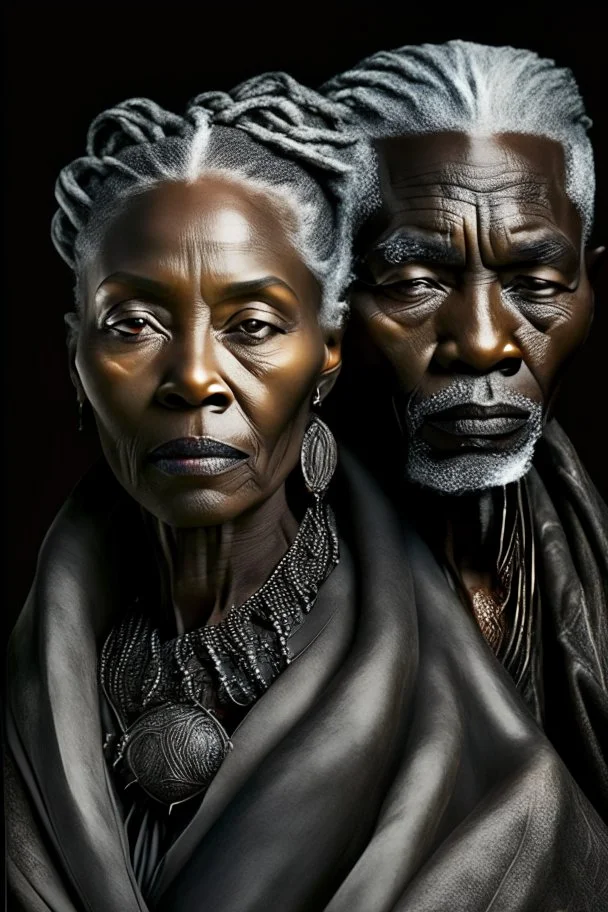 a photo of an African man and woman with ethnic jewelry, grey hair and grey flowing robe, in style of Annie Leibovitz, contemporary portrait of a mature yet beautiful and modernist, black and grey, detailed face, swirling fluid smokey enigma, award-winning artwork