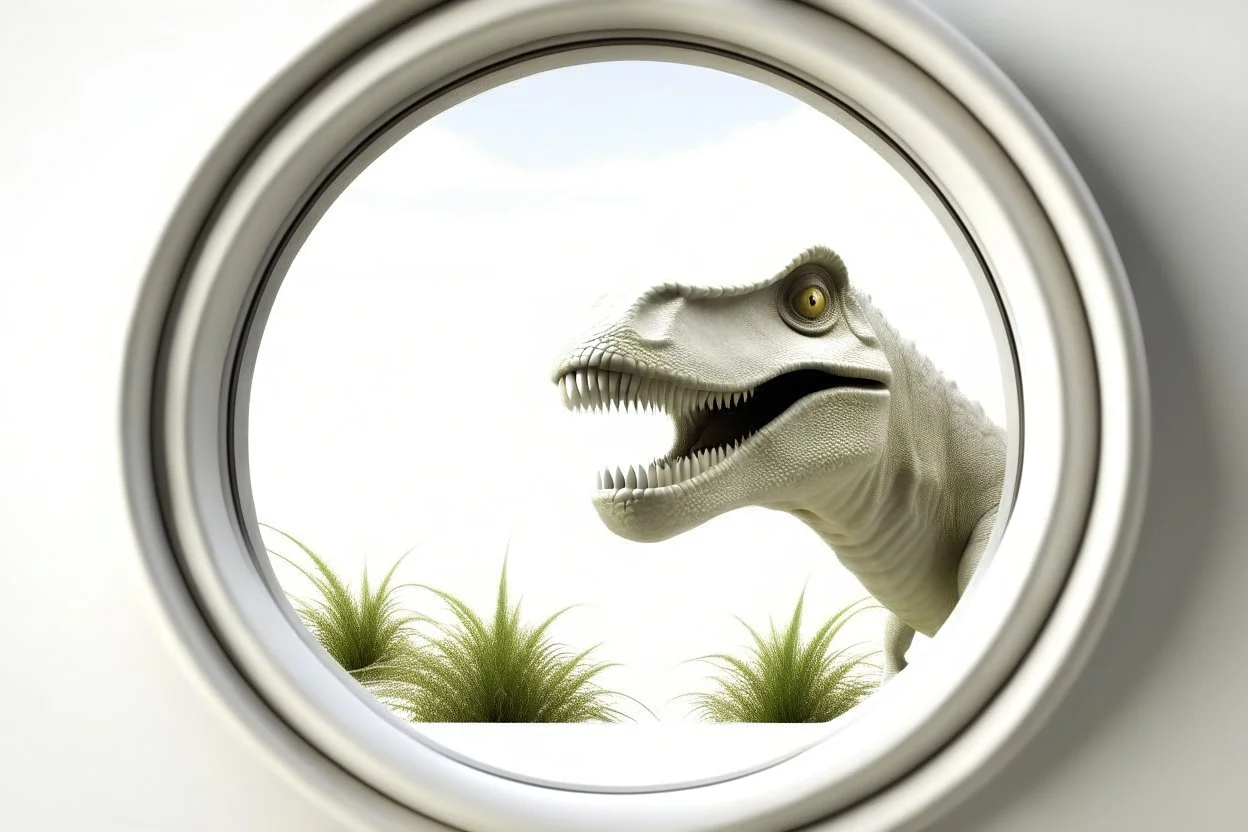 white,background,looking,through,a 3-d, hole,or,window,,a,seeing a dinosaur