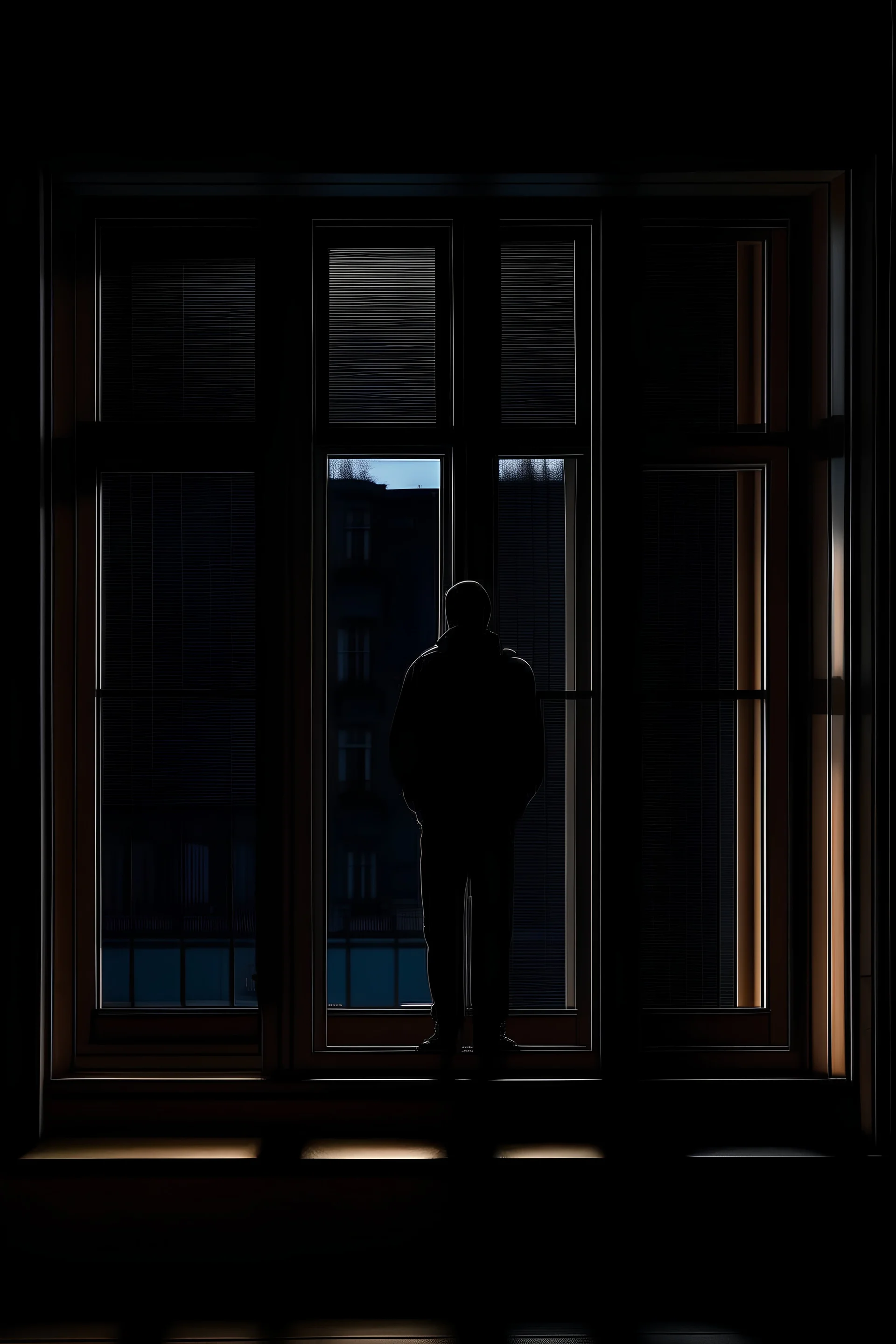 A person standing in a window at night, synchromism, ominous vibe, cinematic.