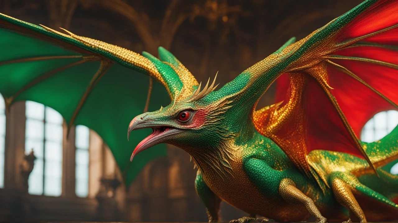 red, gold and green coloured pterodactyl, perfect sparkling eyes, perfect anatomy, exquisite composition, beautiful detailed intricate detailed octane render, 8k artistic photography, photorealistic, soft natural volumetric cinematic perfect light, chiaroscuro, award-winning photograph, masterpiece, raphael, caravaggio, bouguereau