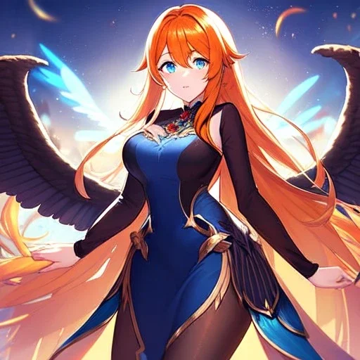 girl, masterpiece, best quality, volumetric lighting, detailed outfit, perfect eyes, orange hair, blue eyes, long hair, wings,