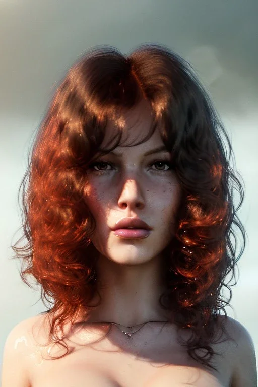 1970's porno model, cute, big droopy eyes, pouty wet lips, angelic face with minor blemishes, beautiful, long orange flowing hair, wavy hair, curly hair، black eyes, full body shot, low angle shot, cinematic, misty atmosphere, 8k, resolution concept art portrait by Greg Rutkowski, Artgerm, WLOP, Alphonse Mucha dynamic lighting hyperdetailed intricately detailed, bokeh, Stunning 8k ektar film scan, rim light, volumetric lighting