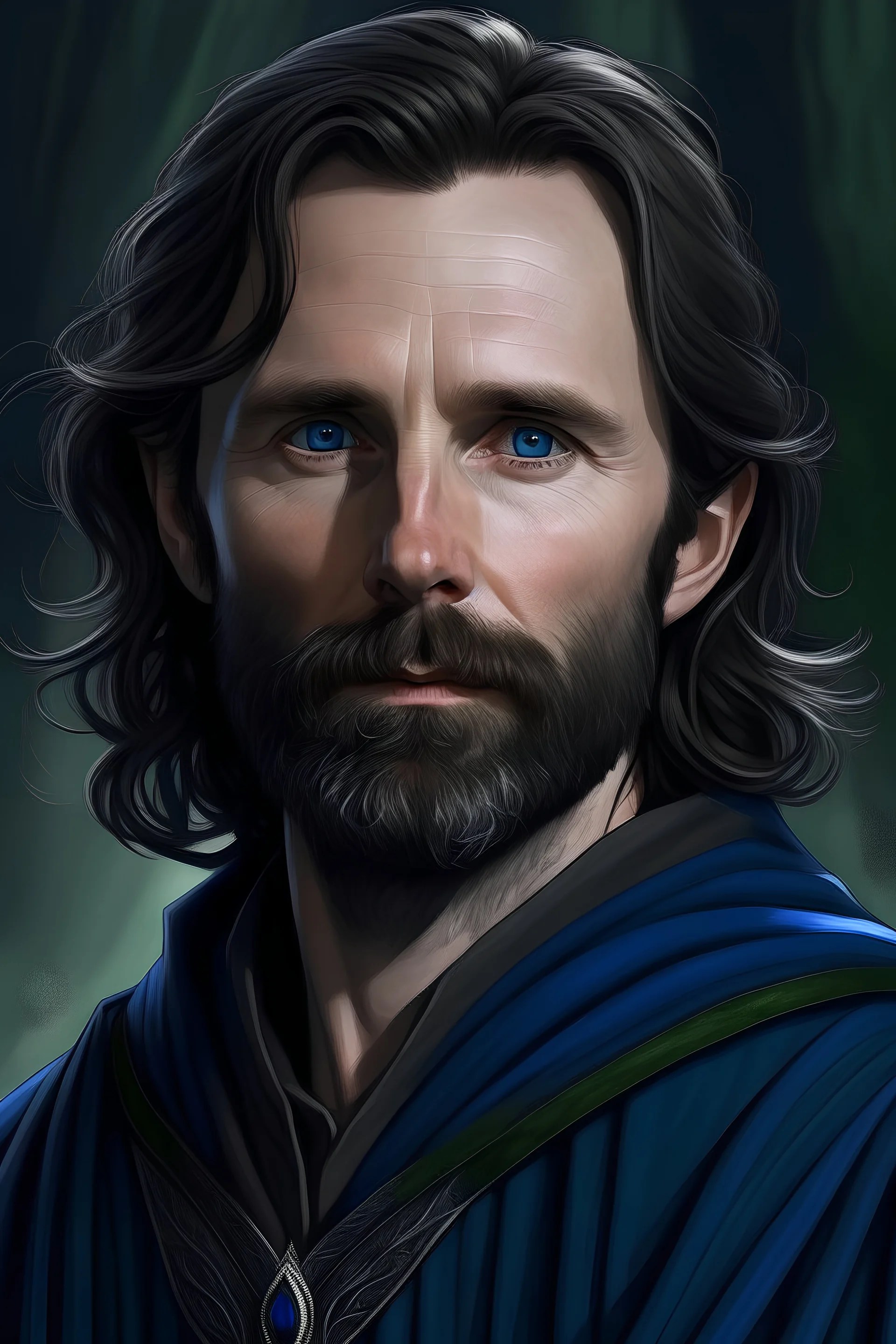 3/4 full colour portrait of a 35-year old white man with brown hair, grey eyes, and a short brown beard, wearing dark blue and green and black; high fantasy setting; looks like Aragorn