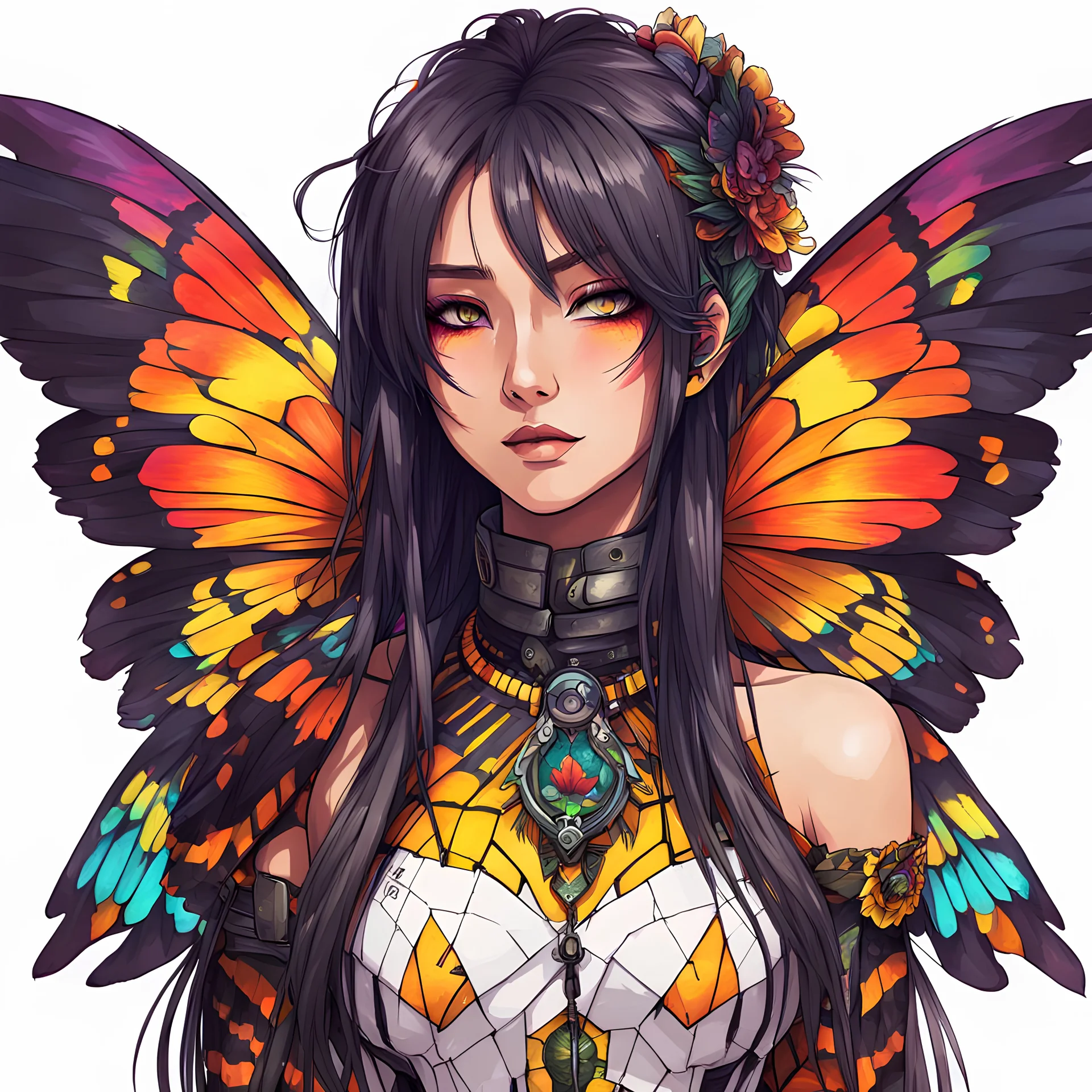 half body, long hair, with detailed schematics of a walking hybrid Madagascan sunset moth insect girl, in anime style, drawings, 8k, vibrant natural colors, white skin, wings above shoulder