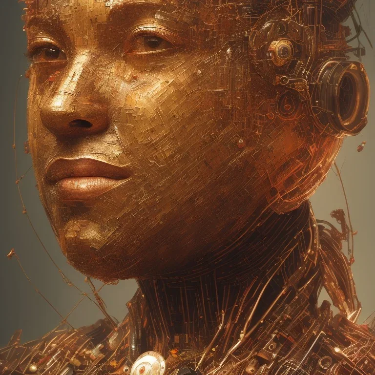 robot portrait, rust, scaffolding, iron cladding, decay, mixed media, textured, anatomically correct, beautiful perfect face, sharp focus, highly detailed