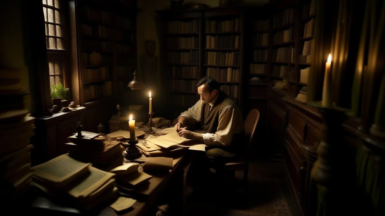 In this chapter full of mystery and investigation, the person sits in a quiet corner of his room surrounded by papers and books. Old documents pile up in front of him, as he opens historical and antiquities records in search of origins and details about the cursed bag. The room is filled with soft candlelight, and the atmosphere is both calm and tense at the same time. The person delves into the old papers that hold the secrets of the suitcase, where ambiguous events and hidden secrets are the