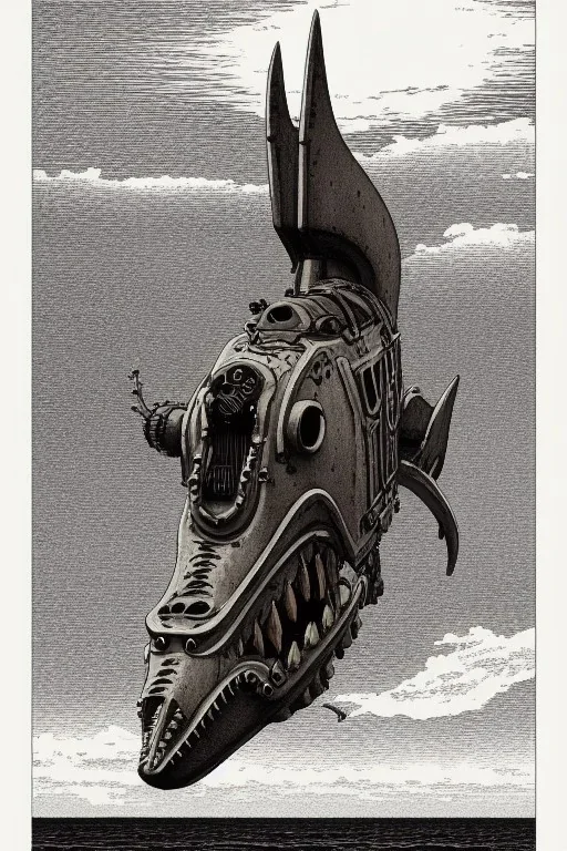 As monochrome image of a steampunk shark robot, by kawase hasui, moebius and edward hopper,gustave dore, colorful flat surreal design, hd, 8 k, artstation