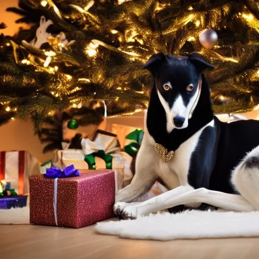 Black and white,greyhound,photorealistic, holding Christmas present in front of tree