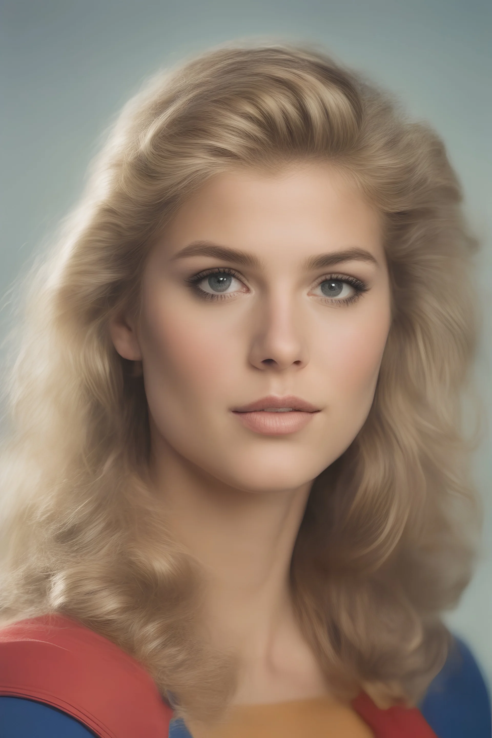 1980's yearbook photo, teenage girl, 18 years old, blonde hair, 80's hairstyle, Supergirl, photorealistic, --ar 9:16 --style raw