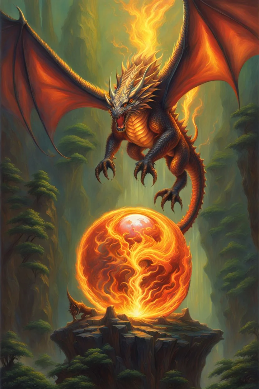 magic orb dripping with dragon fire. identical wings. long tail. fantasy setting. concept art, intricately detailed, color depth, dramatic, colorful background. painted by Jeff Easley