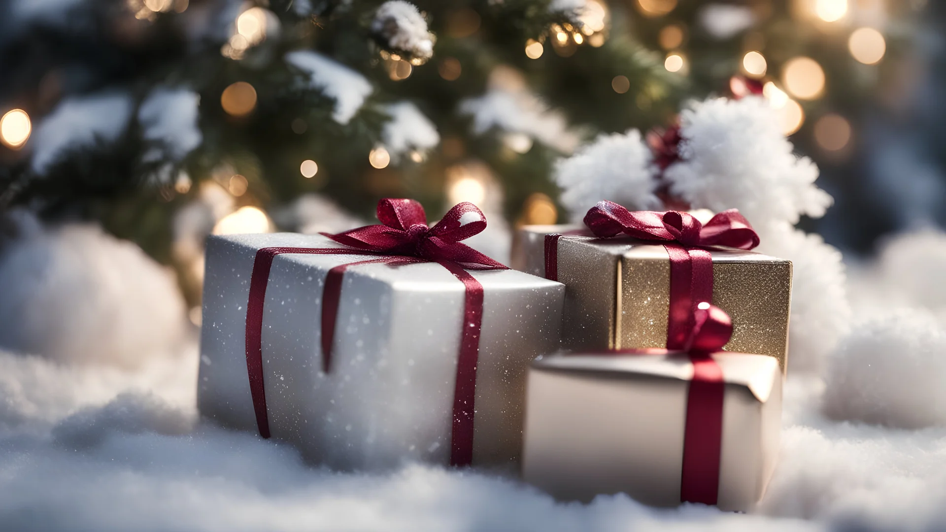 photoreal close-up of magnificent heavenly snow covered glossy christmas presents under a christmas tree reflecting christmas atmosphere by lee jeffries, otherworldly creature, in the style of fantasy movies, photorealistic, shot on Hasselblad h6d-400c, zeiss prime lens, bokeh like f/0.8, tilt-shift lens 8k, high detail, smooth render, unreal engine 5, cinema 4d, HDR, dust effect, vivid colors