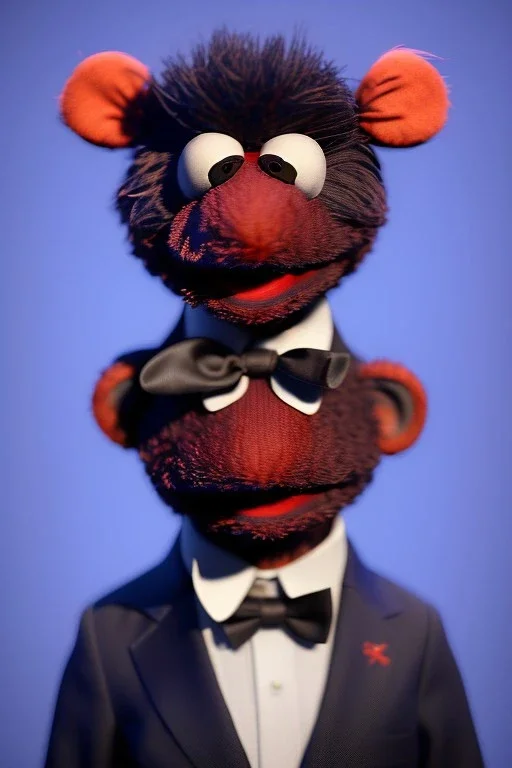 Waist up muppet Portrait, Xi Jinping as muppet doll, Black suit, red tie, photo studio, blue background, unreal engine 5, concept art, art station, god lights, ray tracing, RTX, lumen lighting, ultra detail, volumetric lighting, 3d.