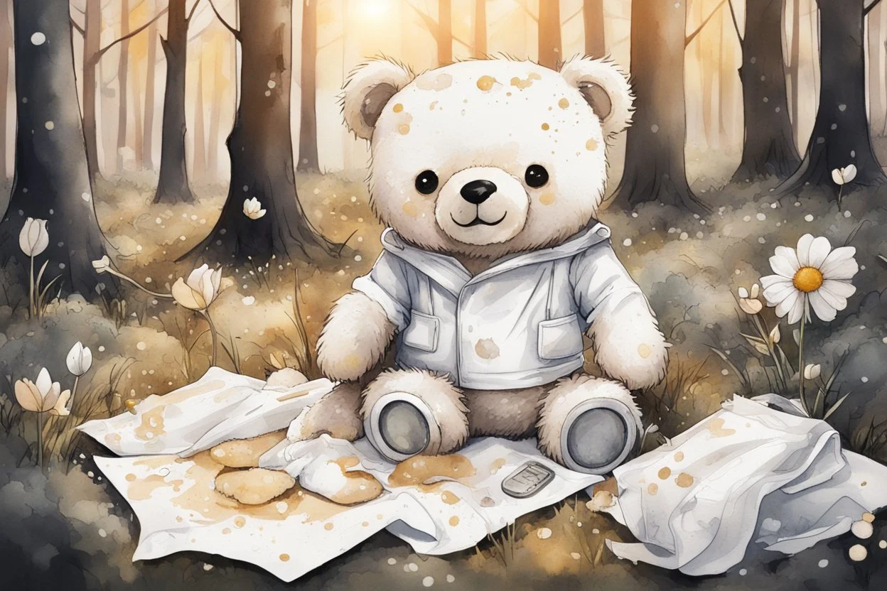 close-up of a cute chibi teddy bear packing piles of white clothes in the forest, laundry machine, grass and flowers next to him, melting watercolour and black ink outlines on wet paper, photorealistic, golden glitters S<AI in sunshine, ethereal, cinematic postprocessing