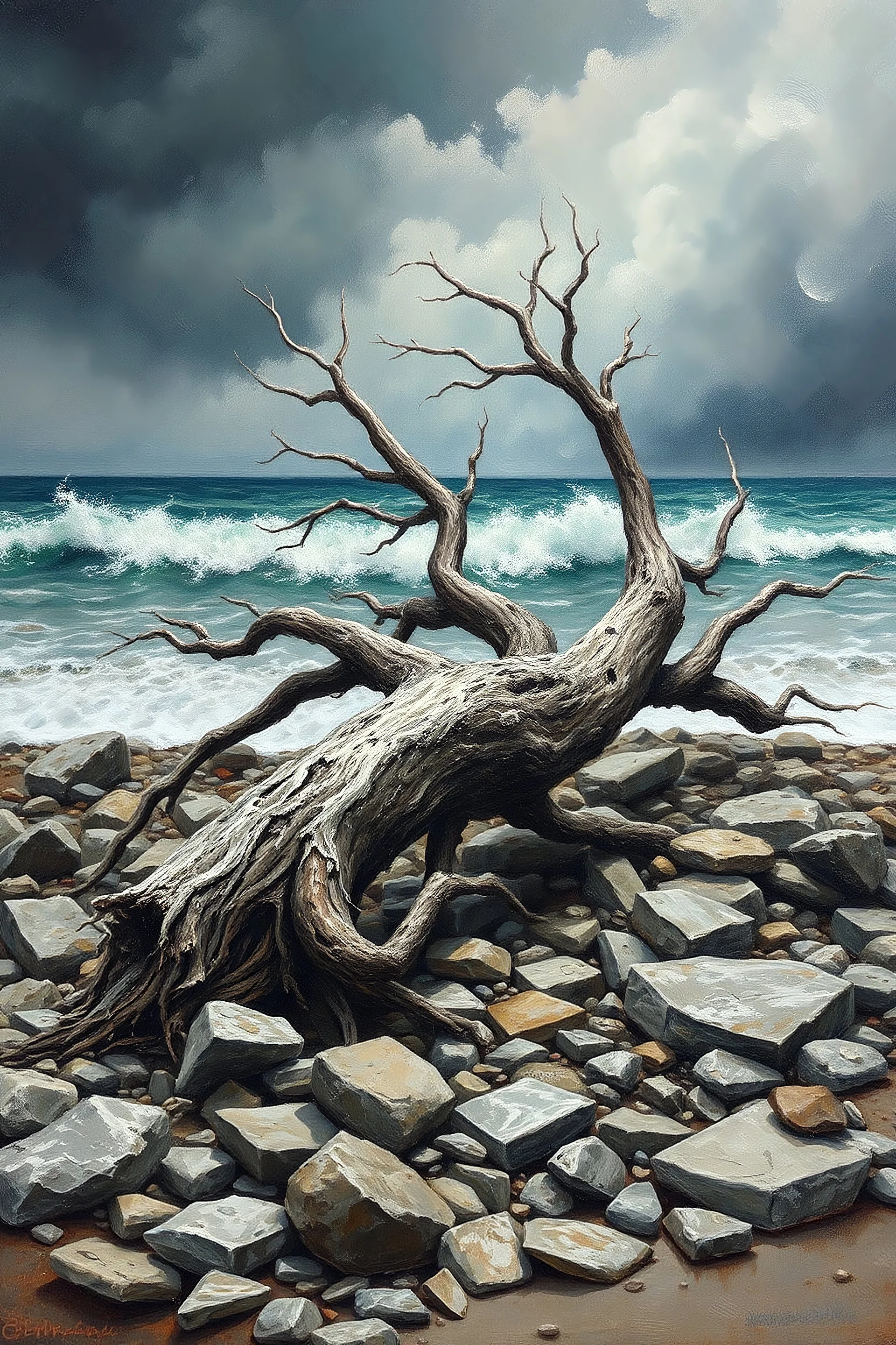 море шторм старое поваленное дерево среди камней на берегу моря ближний ракурс живопись маслом