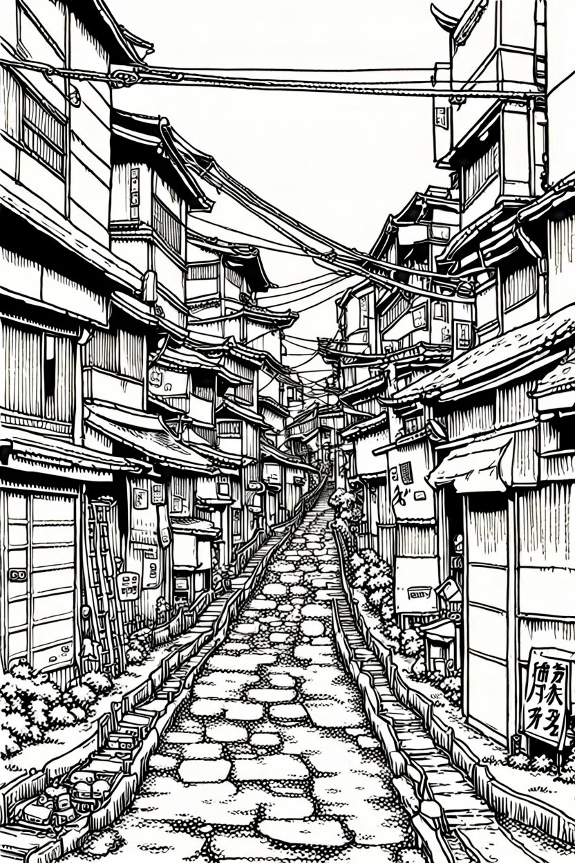 Poor neighborhood Tokyo, line arts, manga style